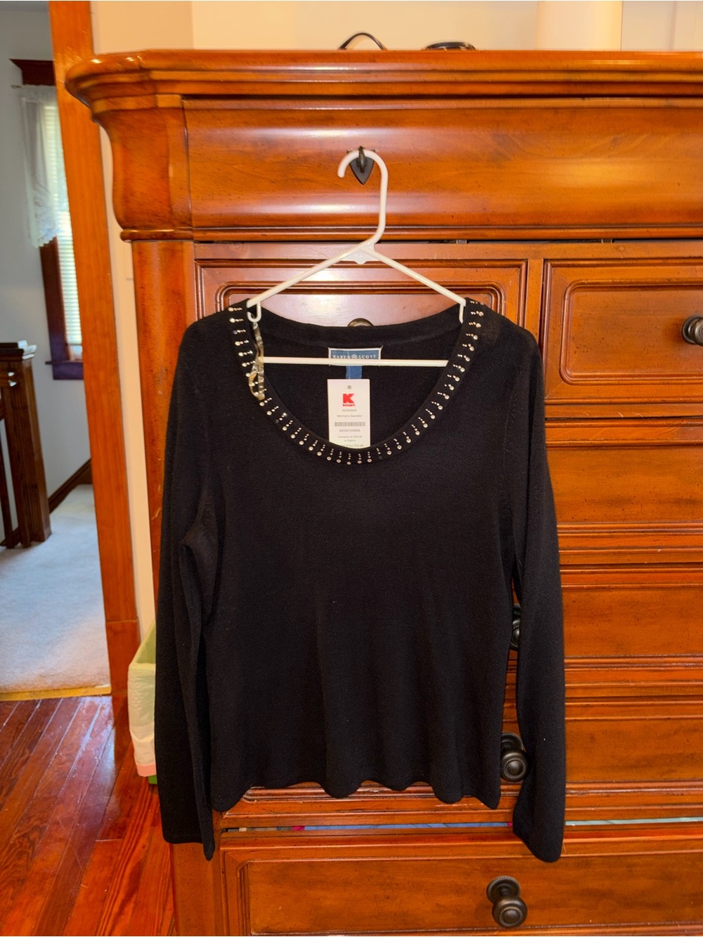 Karen Scott Black Embellished Sweater Size Large Rhinestone Neckline NWT